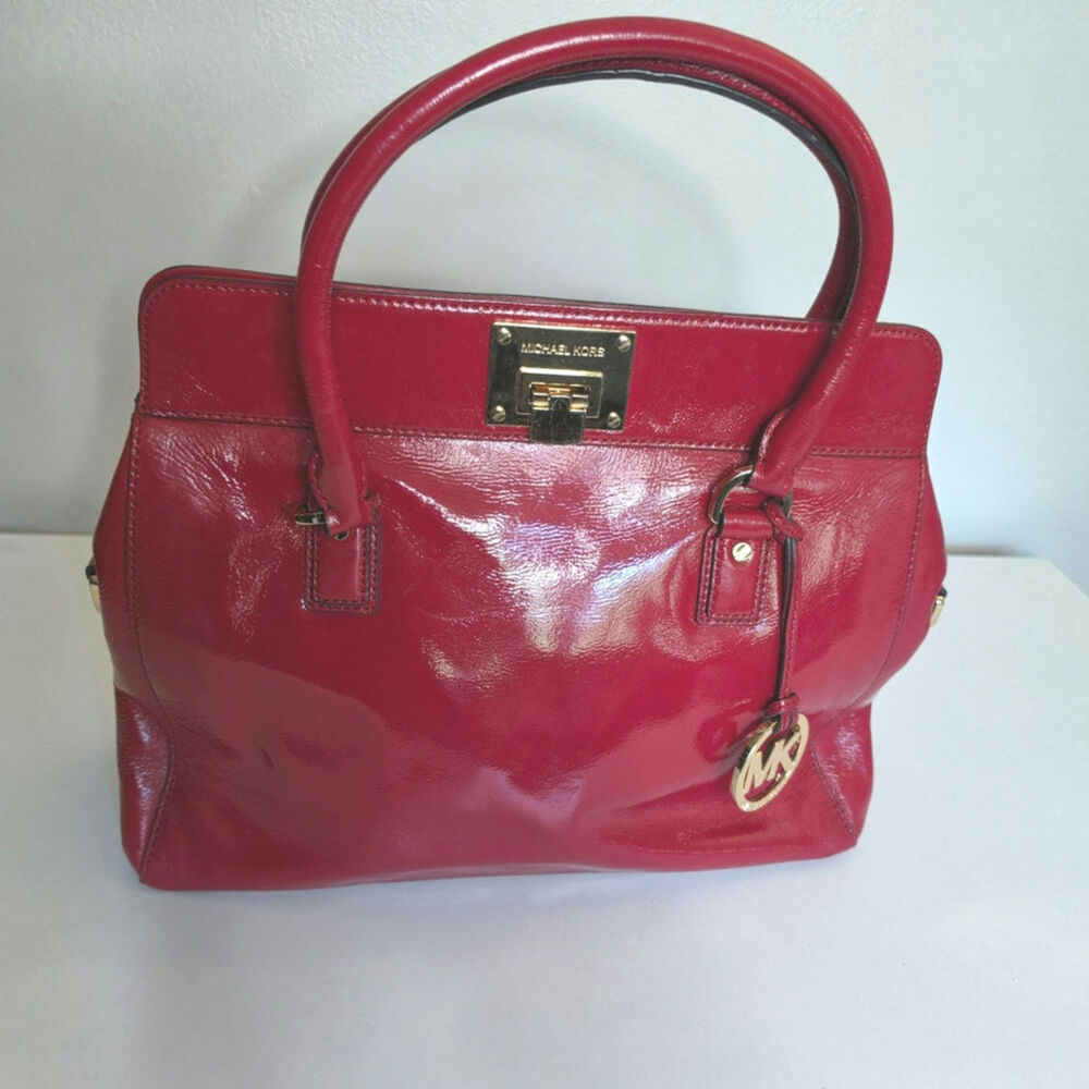 Michael Kors Astrid Red Patent Leather Satchel Gold Turn Lock MK Charm Bag